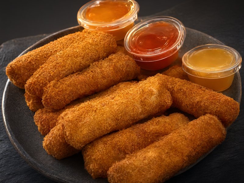 Golden, crumb-fried butter chicken rolls on a dark plate with three cups of dipping sauce